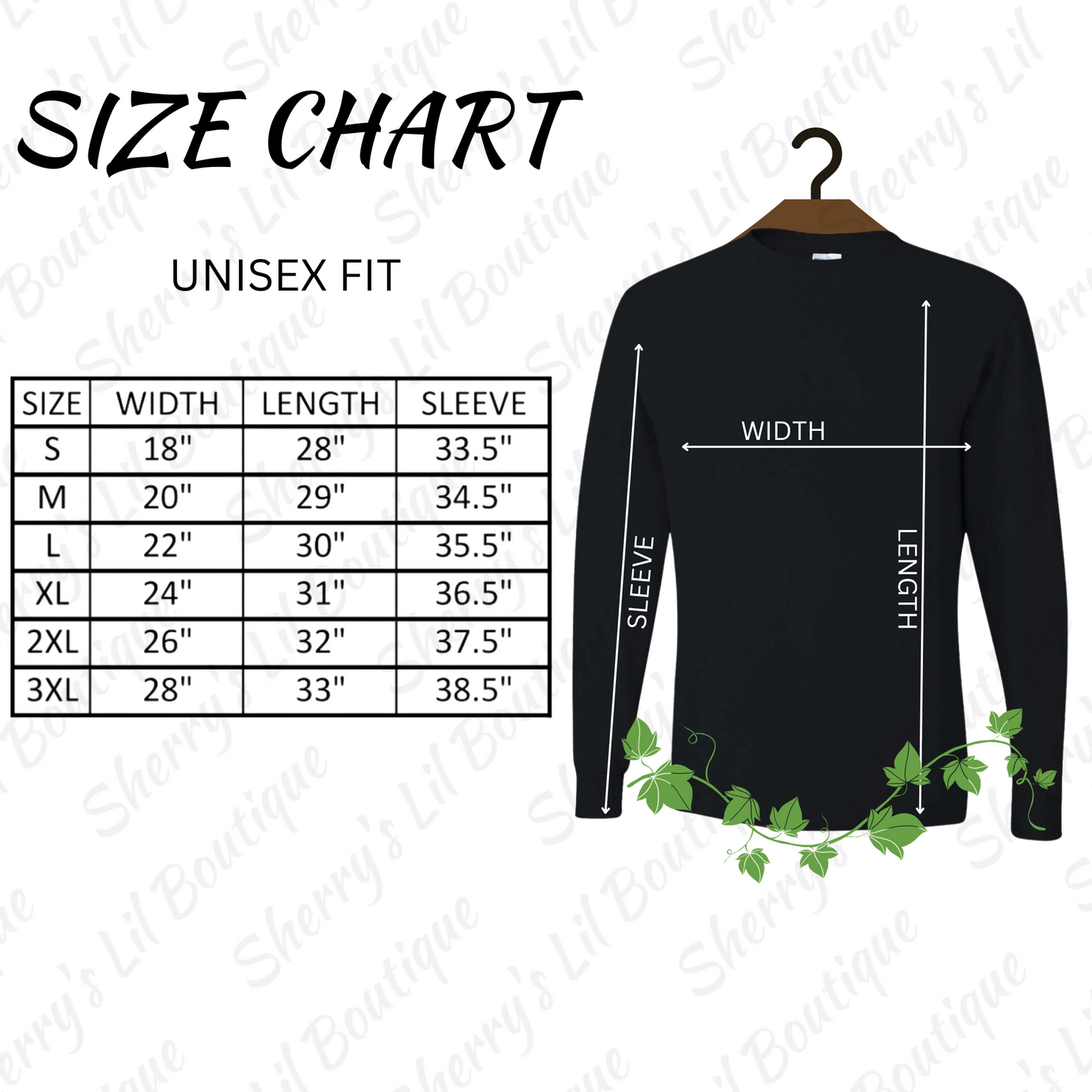 Long sleeve tee size chart