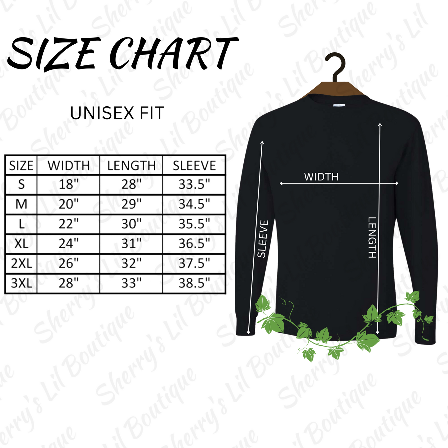 size chart for long sleeve tee