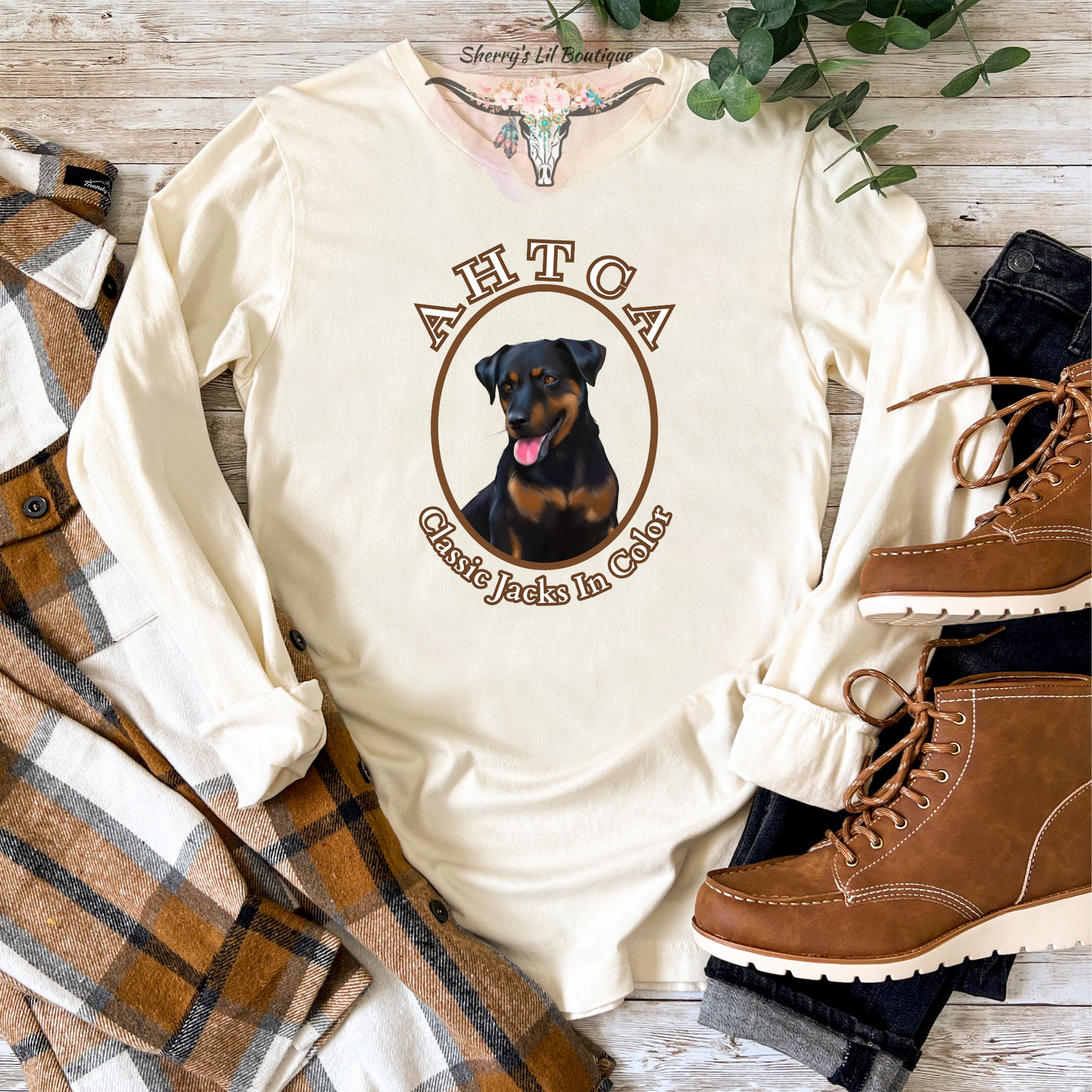 Sand long sleeve tee with AHTCA graphic design