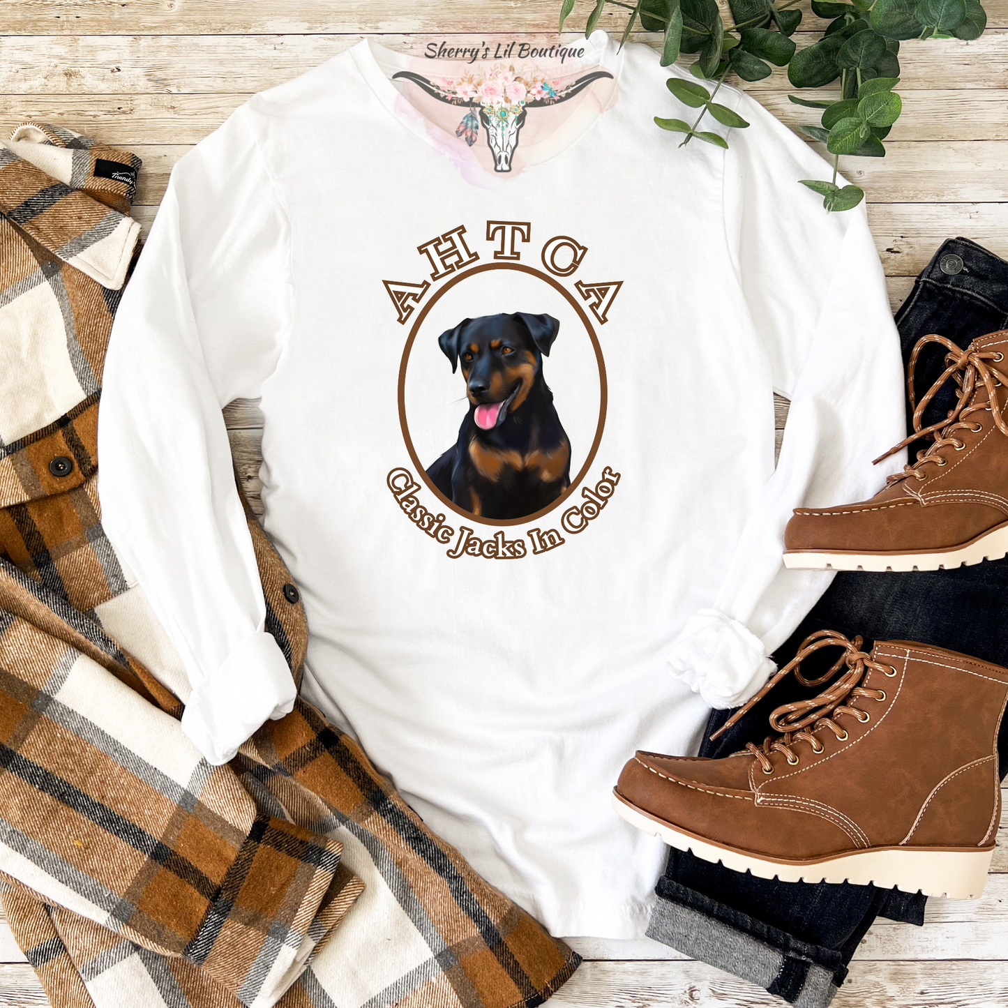 White long sleeve tee with AHTCA graphic design