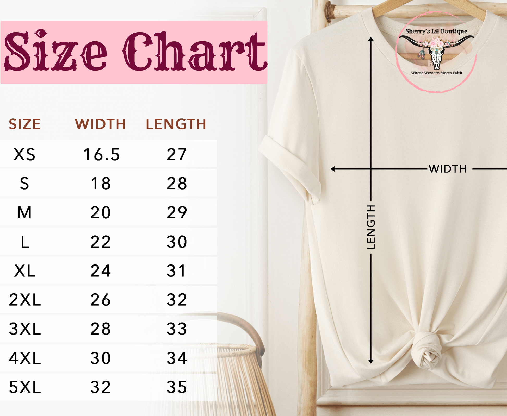 Size chart for short sleeve tee