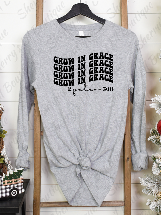 long sleeve grey tee with text "grow in grace"