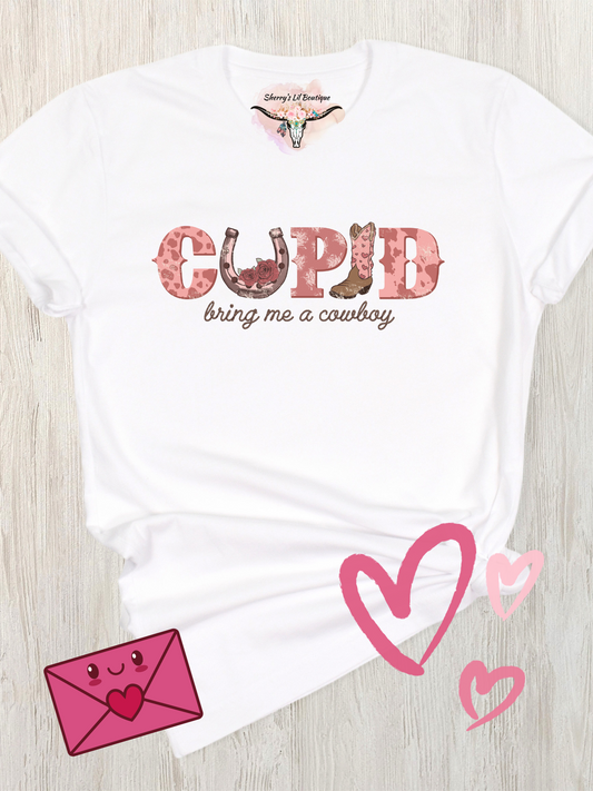 white short sleeve tee with valentine graphic, Cupid bring me a cowboy