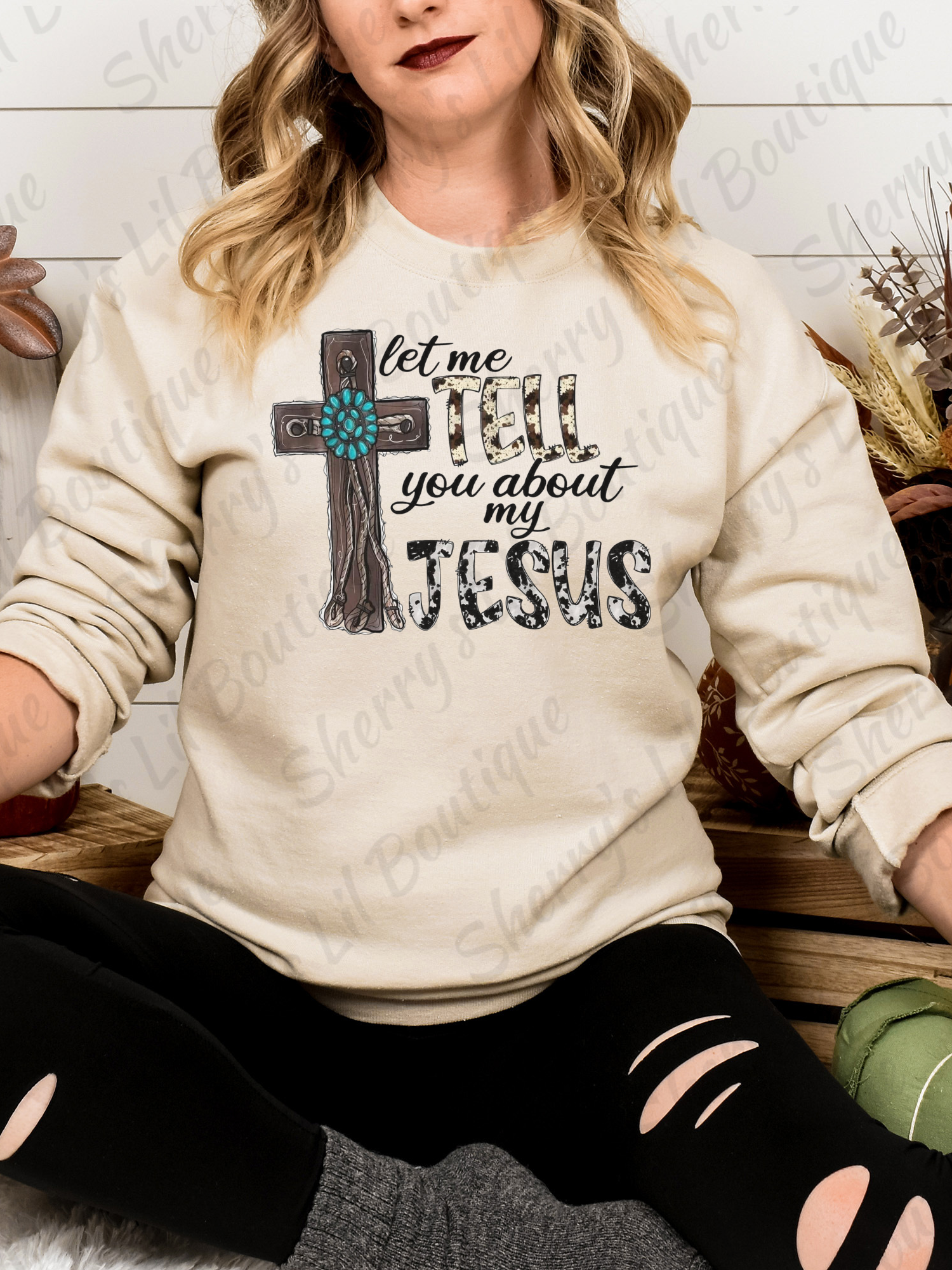 Sand colored Let Me Tell You About My Jesus graphic sweatshirt