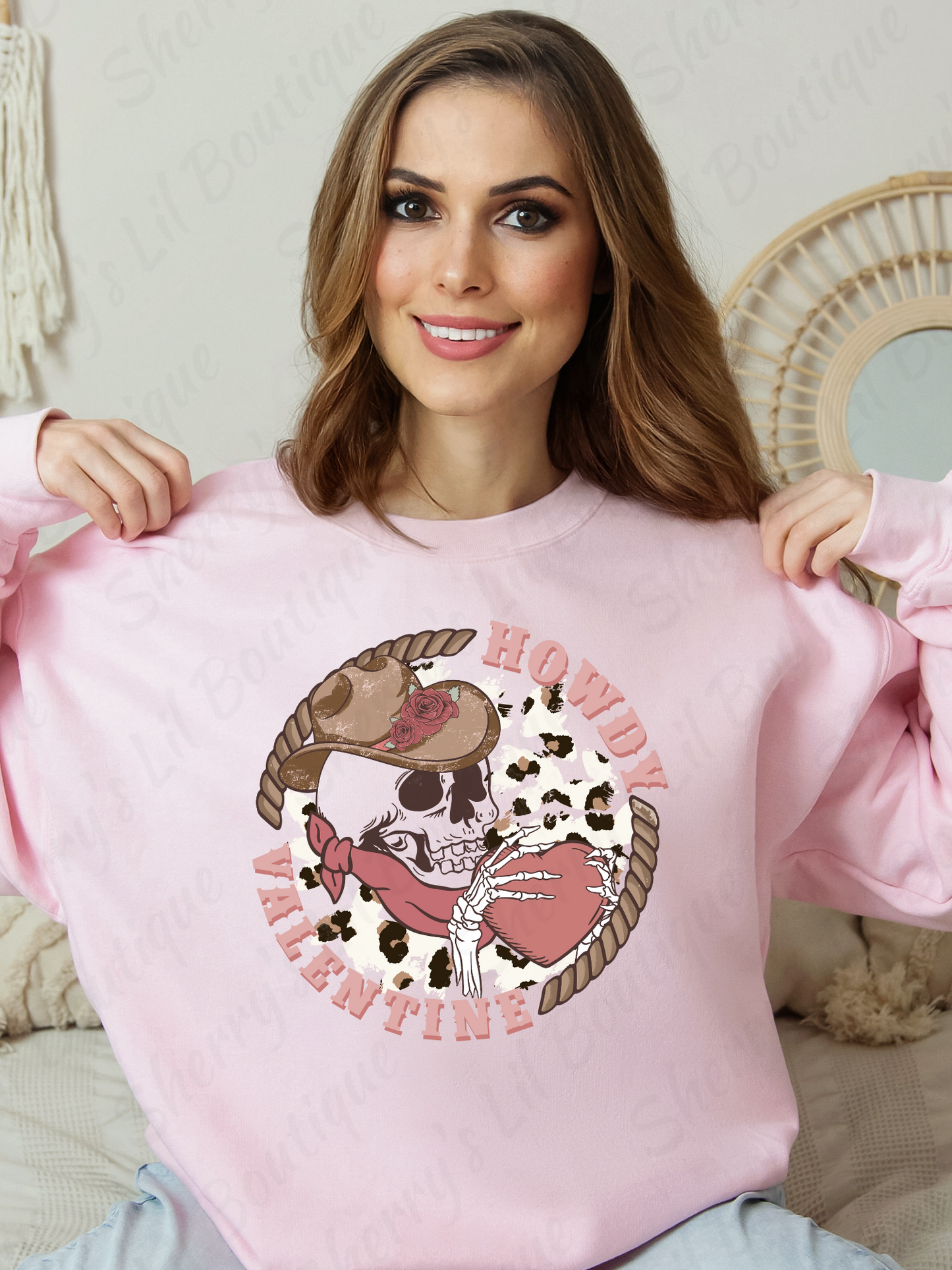 Sherry's Lil Boutique Instagram - Pink Valentine Sweatshirt with Skelly Graphic Design