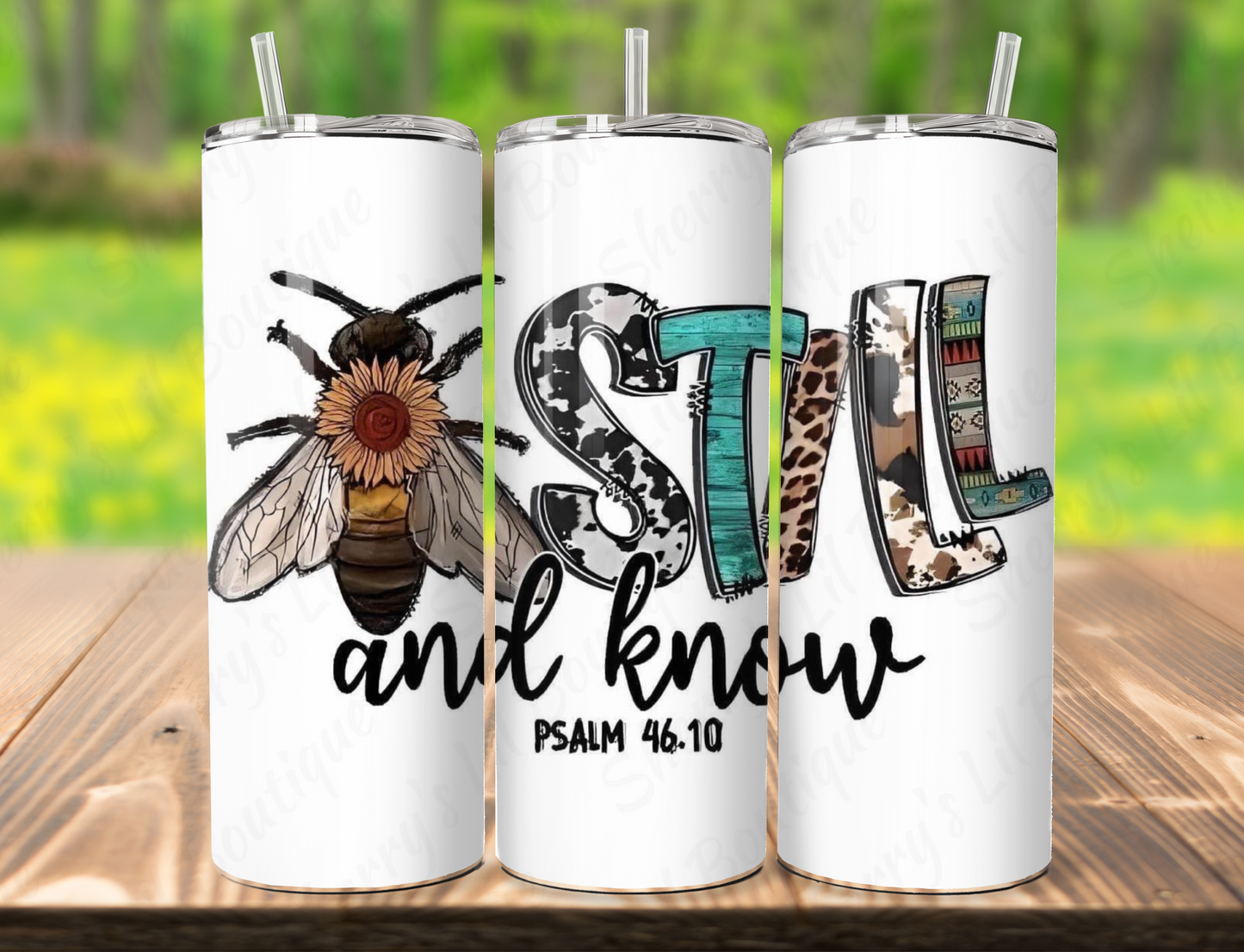 20 oz tumbler with bee still and know graphic