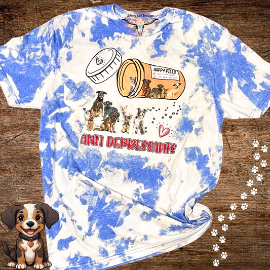 Blue bleach effect short sleeve tee with dog anti depressant graphic design