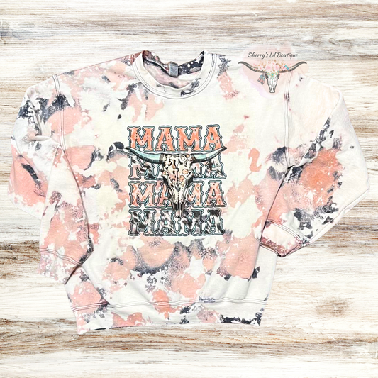 Cowhide bleach effect sweatshirt with Mama and cow skull graphic design