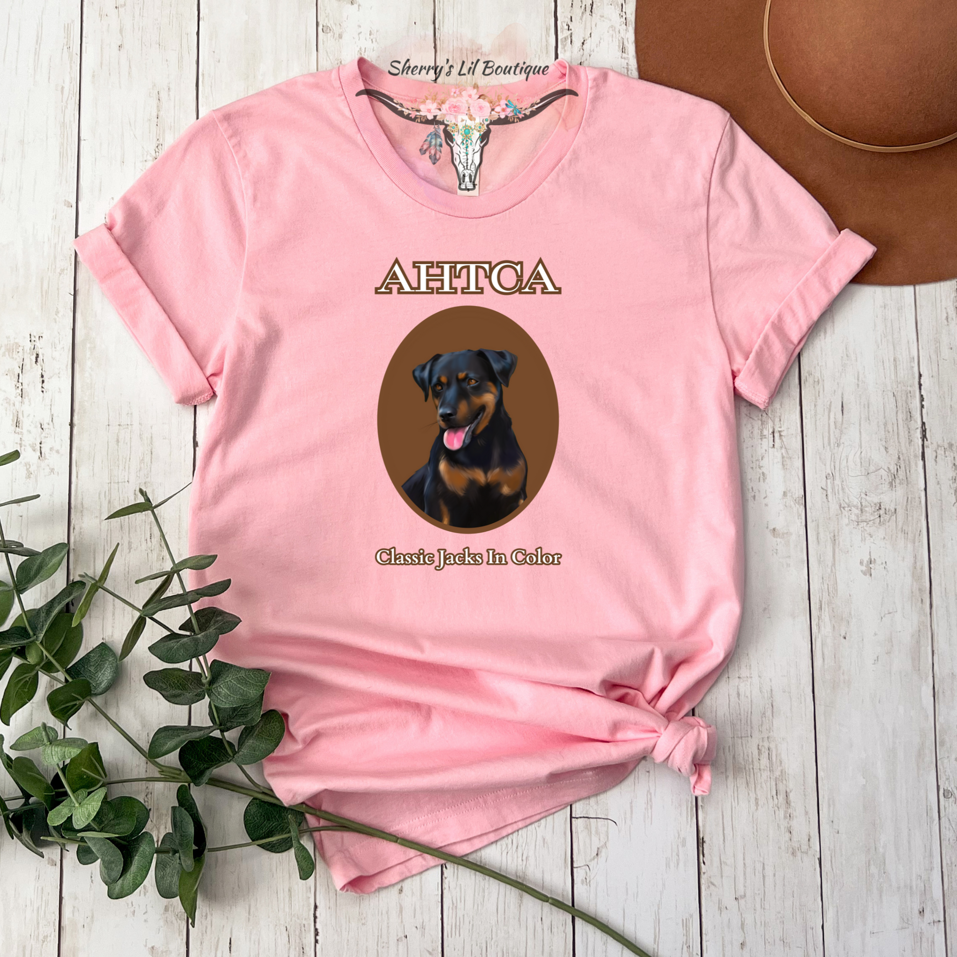 Pink short sleeve tee with AHTCA graphic design