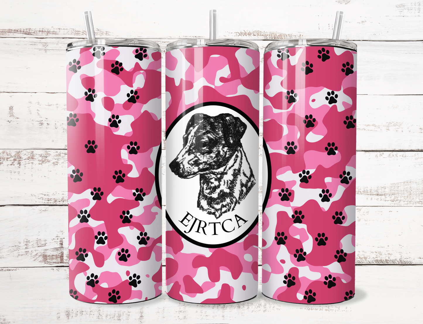 20oz Tumbler with pink camo EJRTCA graphic design