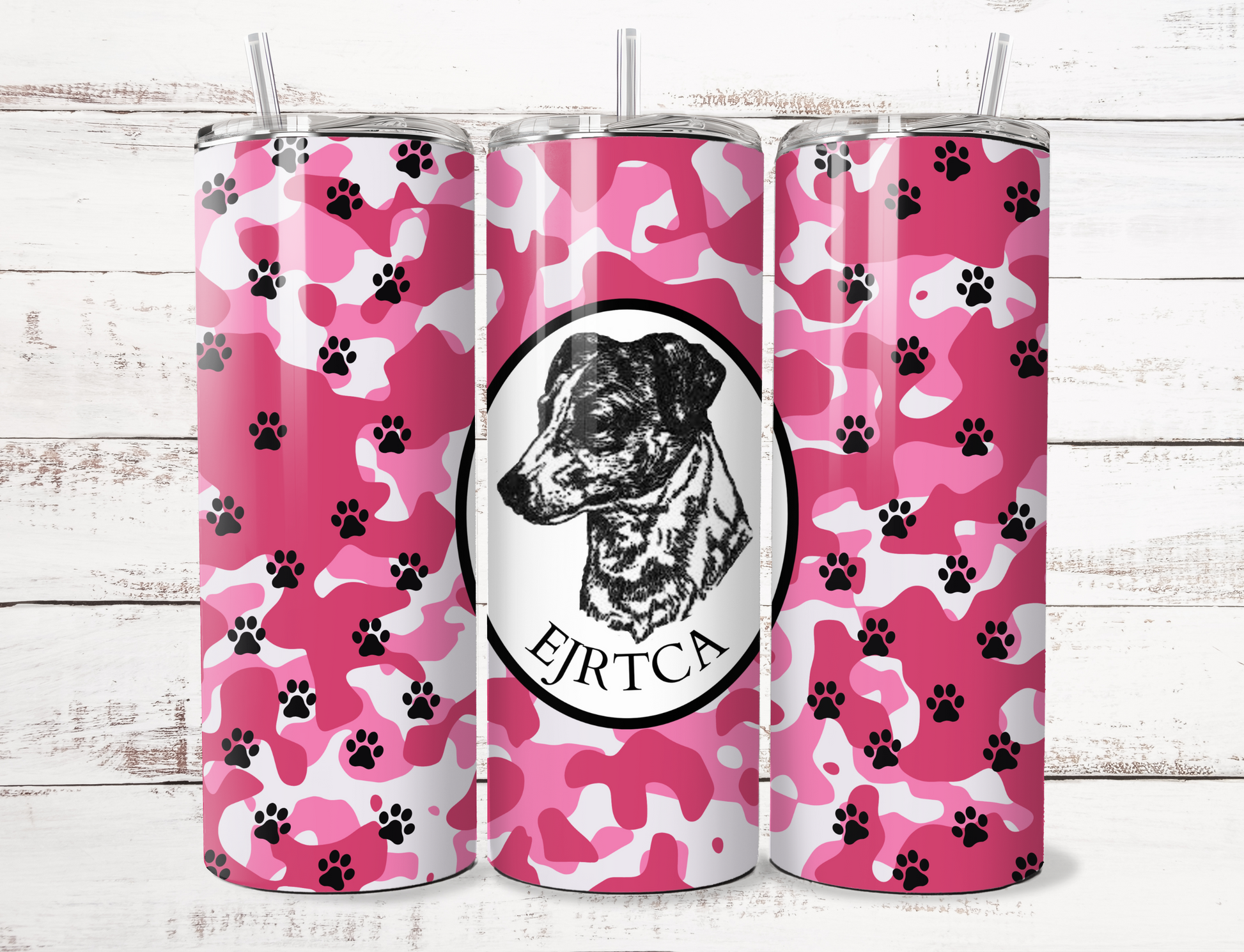20oz Tumbler with pink camo EJRTCA graphic design