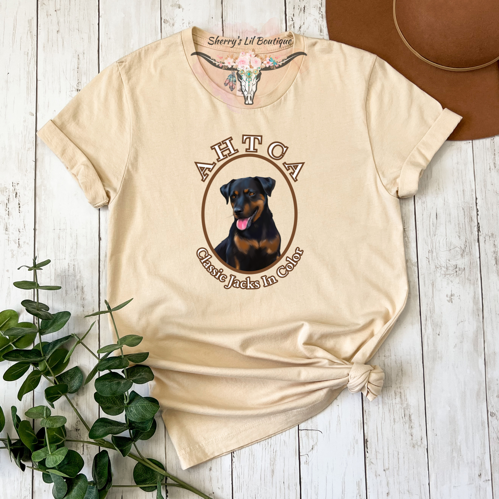 Sand short sleeve tee with AHTCA graphic design