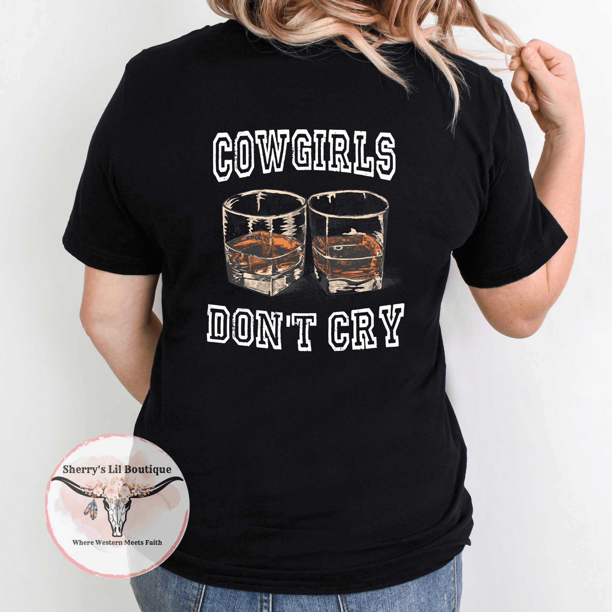 Black short sleeve tee with 2 cocktails and text reading cowgirls don't cry